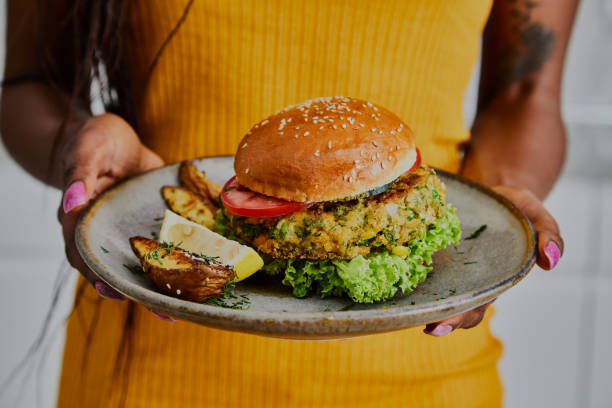 beautiful and tasty vegan burger on a plate - food stock pictures, royalty-free photos & images