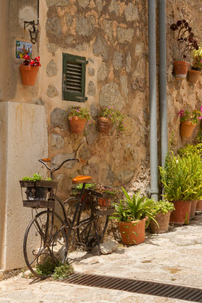 beautiful courtyard decorated with flower pots and ceramic tiles in valdemossa, majorka island, spain. - garden decoration stock pictures, royalty-free photos & images