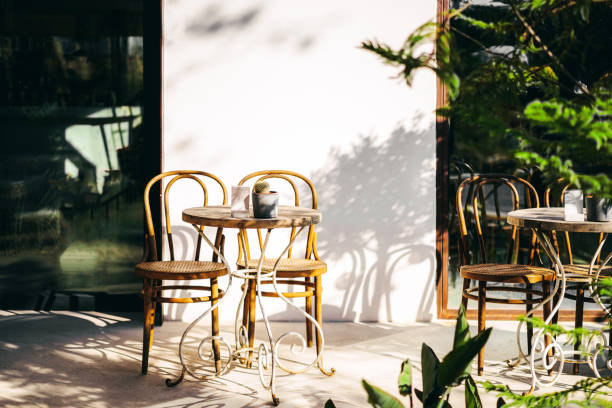 beautiful exterior cafe in a sunny day - garden decoration stock pictures, royalty-free photos & images