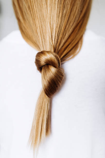 beautiful healthy long hair tied in a knot. - hairstyle stock pictures, royalty-free photos & images