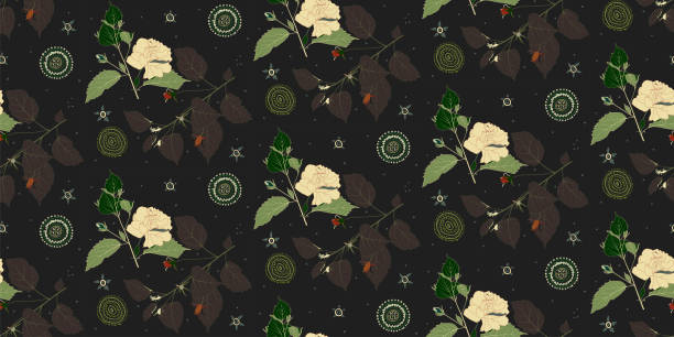 beautiful seamless vector floral pattern, spring summer background, jungle leaf, hibiscus, exotic wallpaper - garden decoration stock illustrations