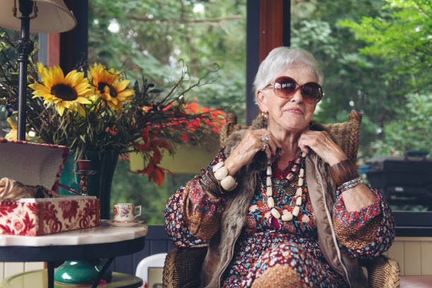 beautiful senior boho stylish woman - fashion stock pictures, royalty-free photos & images