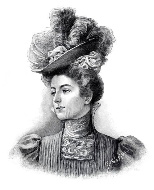 beautiful young woman with voluptuous flower hat illustration 1897 - fashion stock illustrations