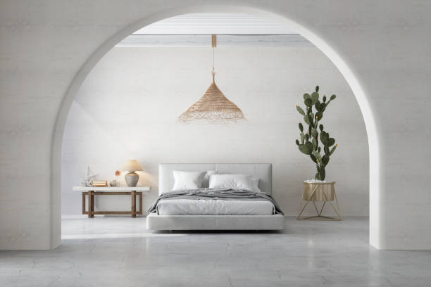 bedroom interior with messy bed, side table and cactus plant. - home decoration stockfoto's en -beelden