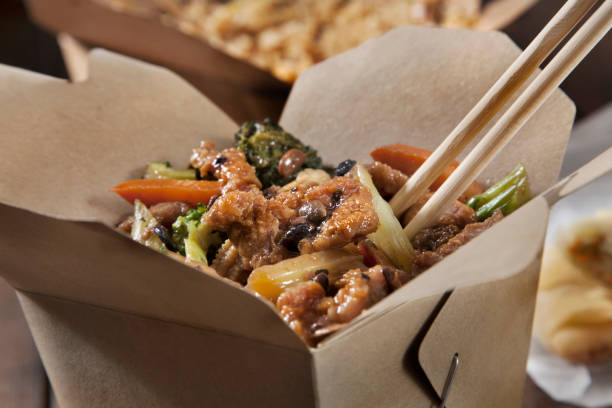 beef in black bean sauce with vegetables and fried rice - junk food stock pictures, royalty-free photos & images