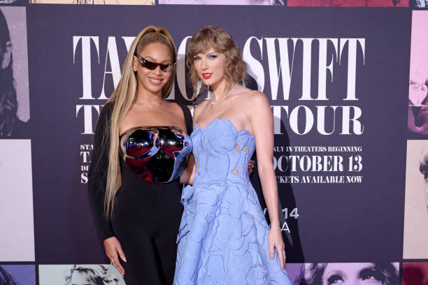 Beyoncé Knowles-Carter and Taylor Swift attend the "Taylor Swift: The Eras Tour" Concert Movie World Premiere at AMC The Grove 14 on October 11, 2023...