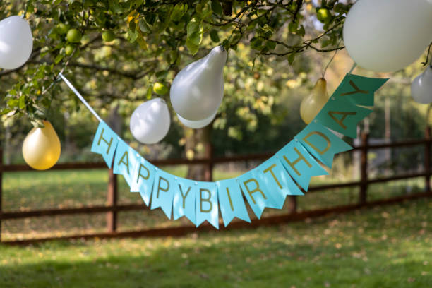 birthday banner stock photo, monkland, herefordshire, england, united kingdom - garden decoration stock pictures, royalty-free photos & images