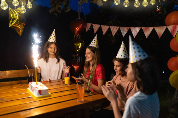 birthday celebration in the backyard - garden decoration stock pictures, royalty-free photos & images