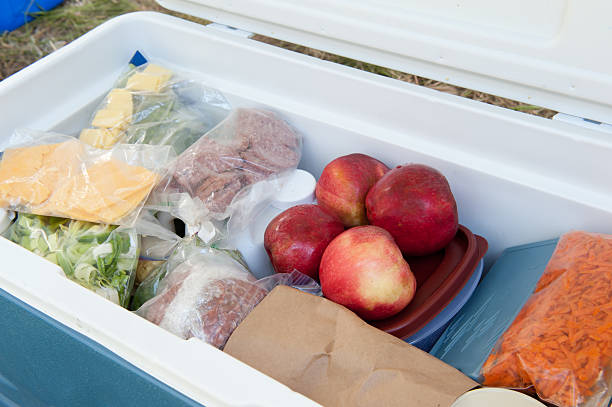 blue igloo cooler, filled with picnic food - food stock pictures, royalty-free photos & images
