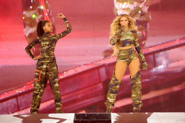 Blue Ive Carter and Beyoncé perform onstage during the "RENAISSANCE WORLD TOUR" at Mercedes-Benz Stadium on August 11, 2023 in Atlanta, Georgia.