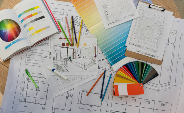 blue prints, color swatch, pencil colors, sketches, plans and documents for a home renovation - home decoration stock pictures, royalty-free photos & images