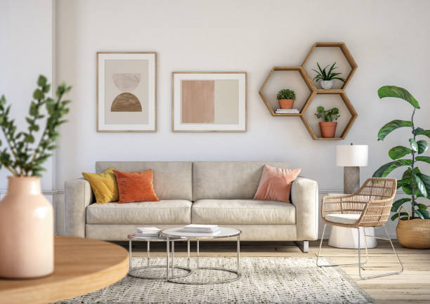 bohemian living room interior - 3d render - home decoration stock pictures, royalty-free photos & images