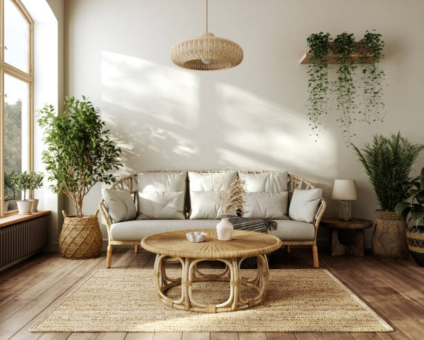 boho-inspired modern scandinavian interior with wicker furniture and green plants - home decoration stock pictures, royalty-free photos & images