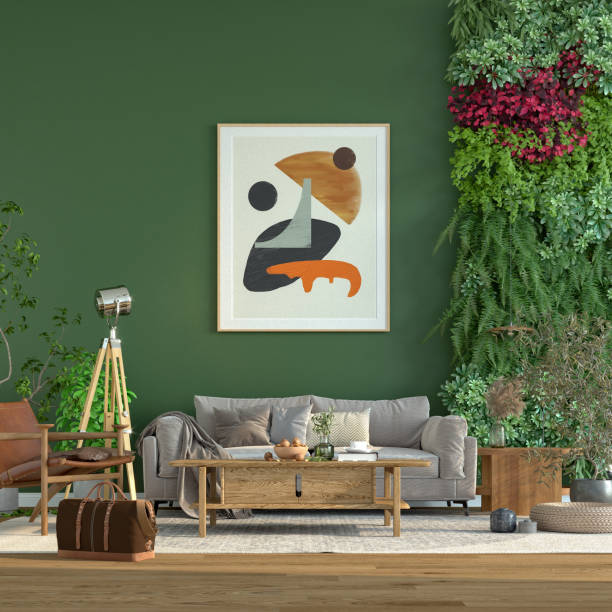 boho living room with vertical garden - garden decoration stock pictures, royalty-free photos & images
