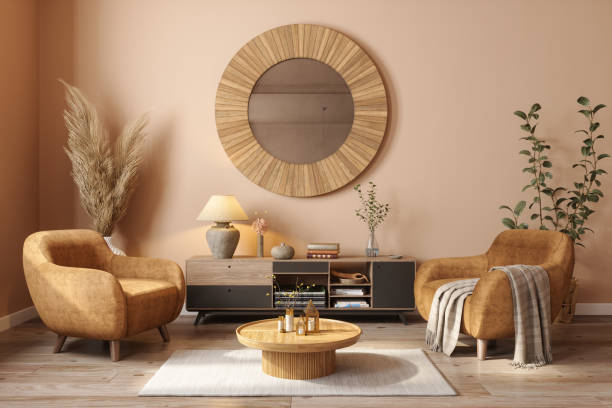 boho style living room with armchairs, coffee table, mirror, potted plant and beige wall - home decoration stock pictures, royalty-free photos & images