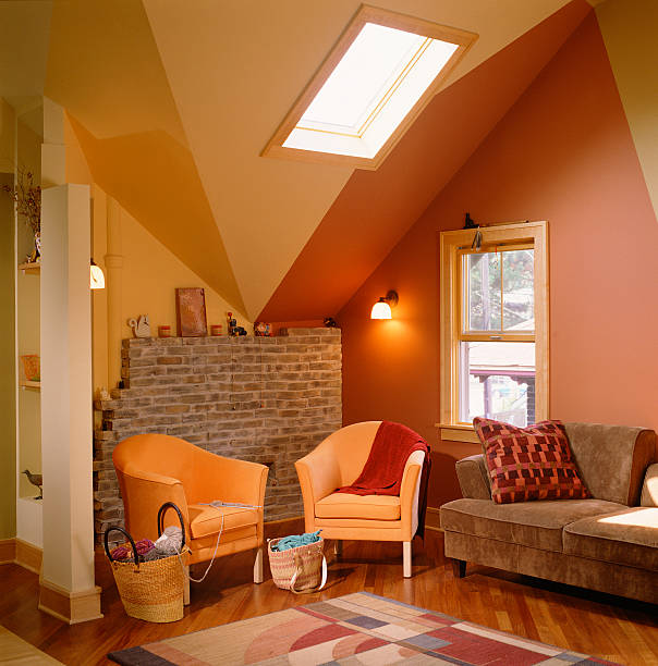 bold colors emphasizing finished attic ceiling - home decoration stock pictures, royalty-free photos & images