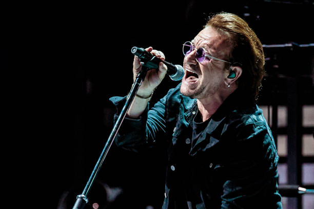 Bono of U2 performs on stage at Mediolanum Forum on October 12, 2018 in Milan, Italy.