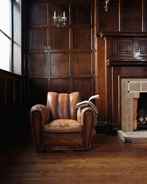 book on a leather armchair - home decoration stockfoto's en -beelden