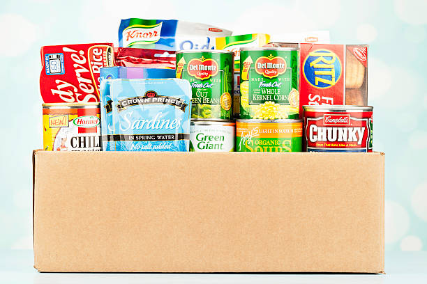 boxed groceries for food drive - food stock pictures, royalty-free photos & images
