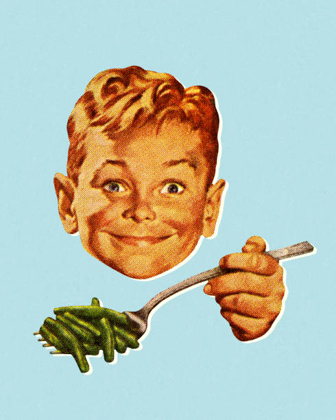 boy eating green beans - food stock illustrations