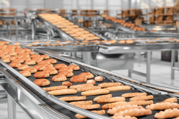 bread factory. close-up view of conveyor belt with baked breads - food stock pictures, royalty-free photos & images