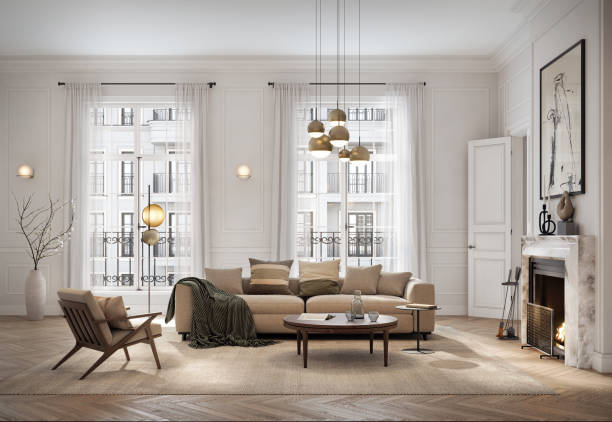 bright living room with fireplace and scandinavian design - home decoration stock pictures, royalty-free photos & images