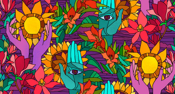 bright seamless pattern with sunflowers, magnolia, gladiolus and human hands - garden decoration stock illustrations
