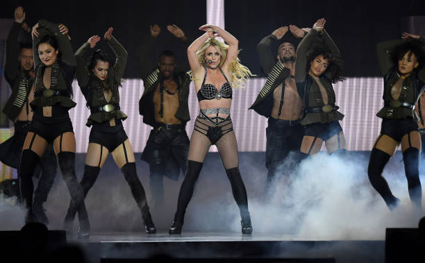 Britney Spears on stage during the "Piece Of Me" Summer Tour at the O2 Arena on August 24, 2018 in London, England.