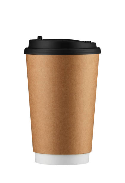 brown disposable coffee cup isolated on white background with clipping path. real photo. paper. - junk food stock pictures, royalty-free photos & images