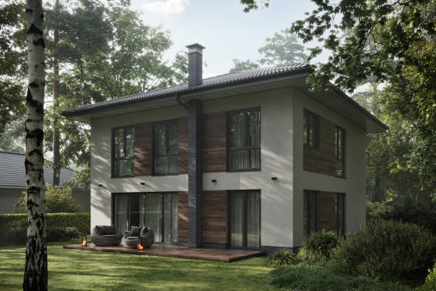 bungalow surrounded by trees on a summer day in 3d render - garden decoration stock pictures, royalty-free photos & images