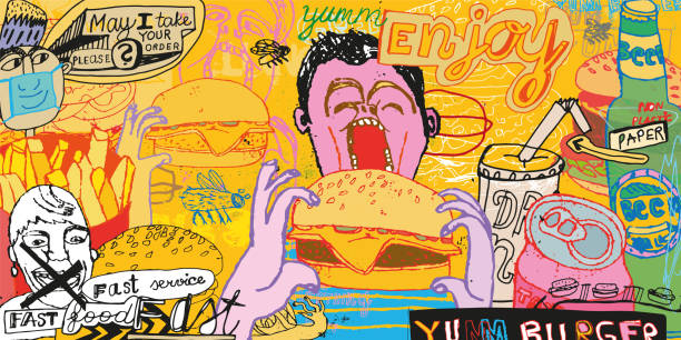 burger-esser im fast-food-restaurant. - junk food stock-grafiken, -clipart, -cartoons und -symbole