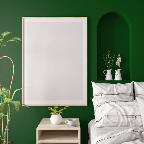 cadre photo de maquette vide sur le mur vert de la chambre confortable - home decoration photos et images de collection