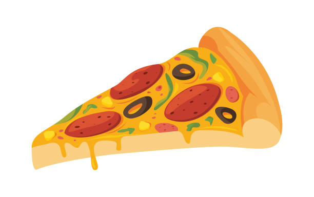 cartoon pizza slice. delicious cheese pizza with pepperoni and mushrooms, tasty fast food dish flat - junk food stock illustrations