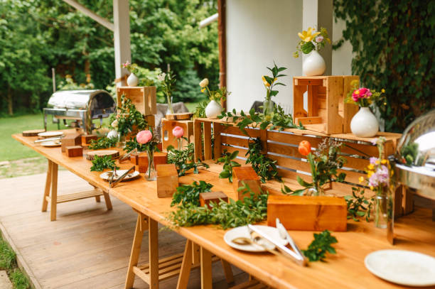 catering table for a special occasion/party. - garden decoration stock pictures, royalty-free photos & images