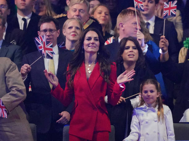 Catherine, Princess of Wales and Princess Charlotte in the Royal Box at the Coronation Concert in the grounds of Windsor Castle on May 7, 2023 in...