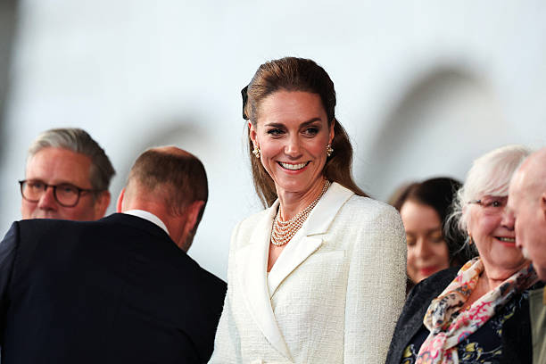 Catherine, Princess of Wales attends a concert celebrating the 80th Anniversary of VE Day, held at the historic Horse Guards Parade on May 8, 2025 in...