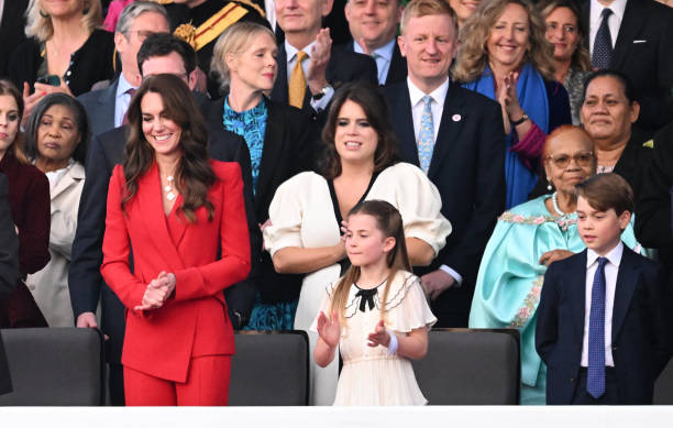 Catherine, Princess of Wales, Princess Eugenie, Princess Charlotte of Wales and Prince George of Wales during the Coronation Concert on May 07, 2023...