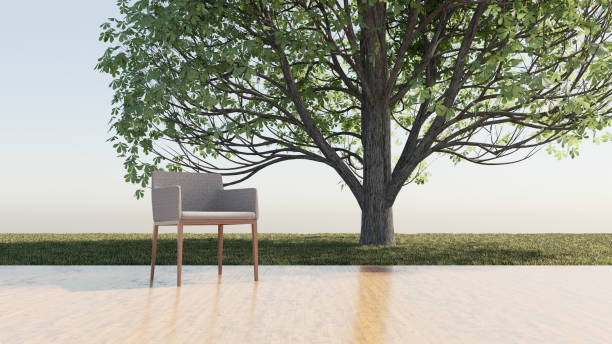 chair on wooden floor, garden background with tree. - garden decoration stock pictures, royalty-free photos & images