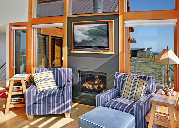 chairs and fireplace in living room - home decoration stock pictures, royalty-free photos & images