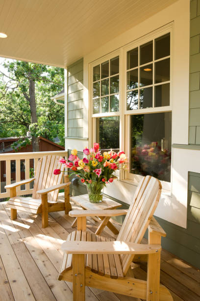 chairs and flowers on home front porch. - home decoration stock pictures, royalty-free photos & images