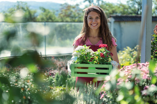 charming florist preparing customer’s order - garden decoration stock pictures, royalty-free photos & images