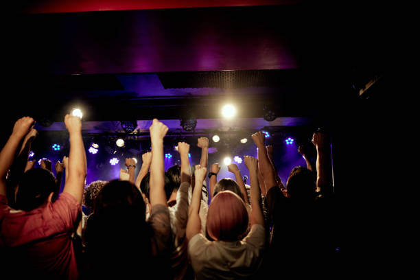 cheering fans raising their arms in concert. - concert stock pictures, royalty-free photos & images