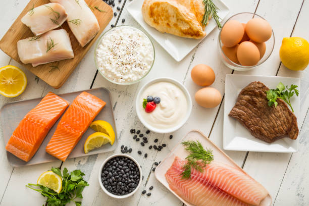 chicken meat, fish, cottage cheese, yogurt and eggs on white table - food photos et images de collection