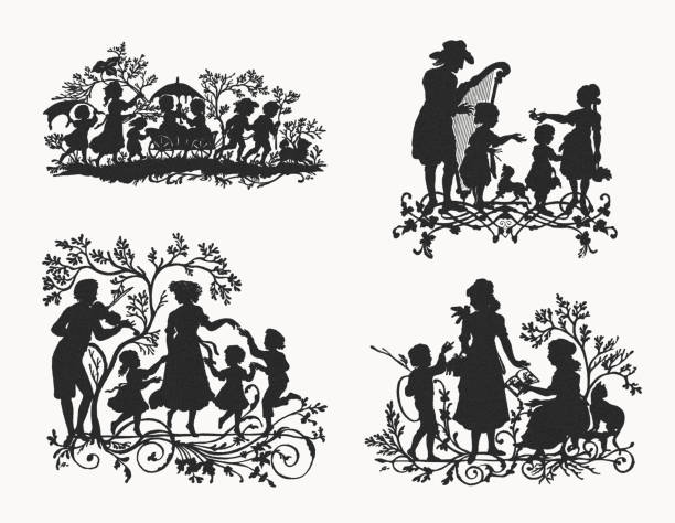 children and family motifs as silhouettes, wood engravings, published ca.1895 - garden decoration stock illustrations