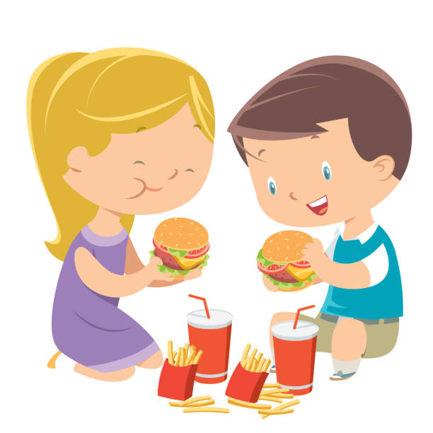 children eating hamburgers - junk food stock illustrations