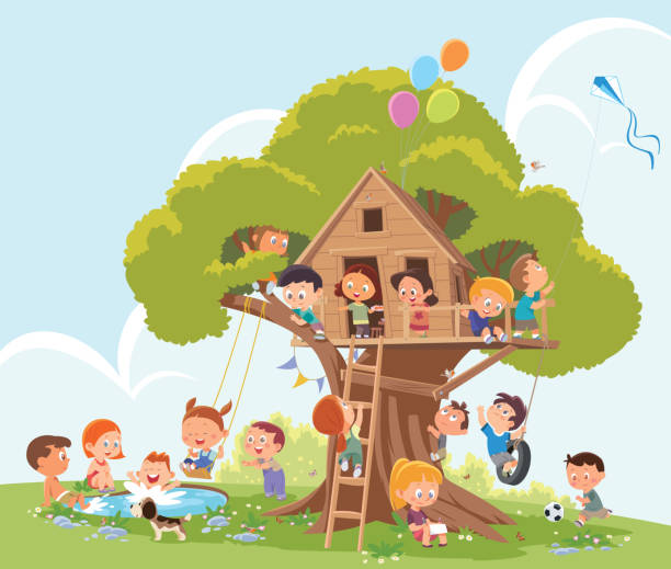 children playing in a treehouse - garden decoration stock illustrations
