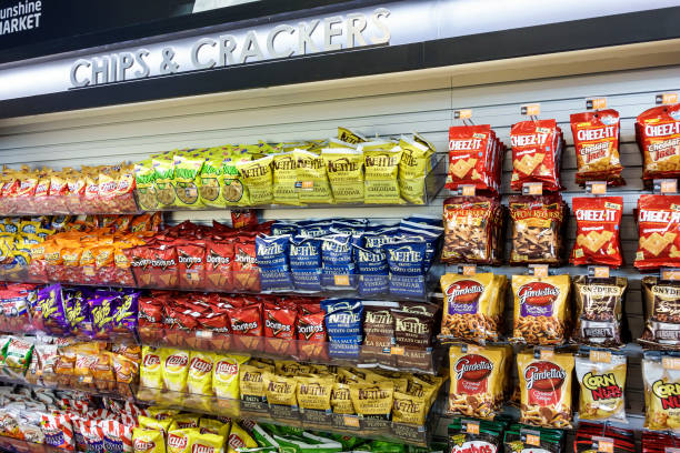 Chips and crackers display in a convenience store at Fort Drum Service Plaza.