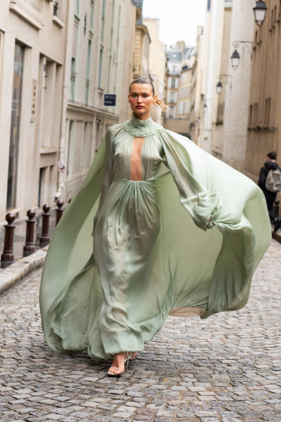 Chloe Lecareux wears a Stéphane Rolland dress outside the Stéphane Rolland show during the Haute Couture Spring/Summer 2024 as part of Paris Fashion...