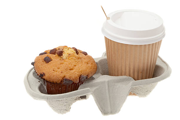 choc chip muffin and coffee breakfast to go - junk food stock pictures, royalty-free photos & images
