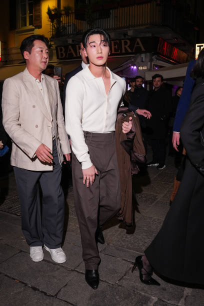 Choi San is seen arriving at Dolce and Gabbana afterparty at "Vesta" restaurant during the Milan Fashion Week Womenswear Fall/Winter 2025/2026 on...
